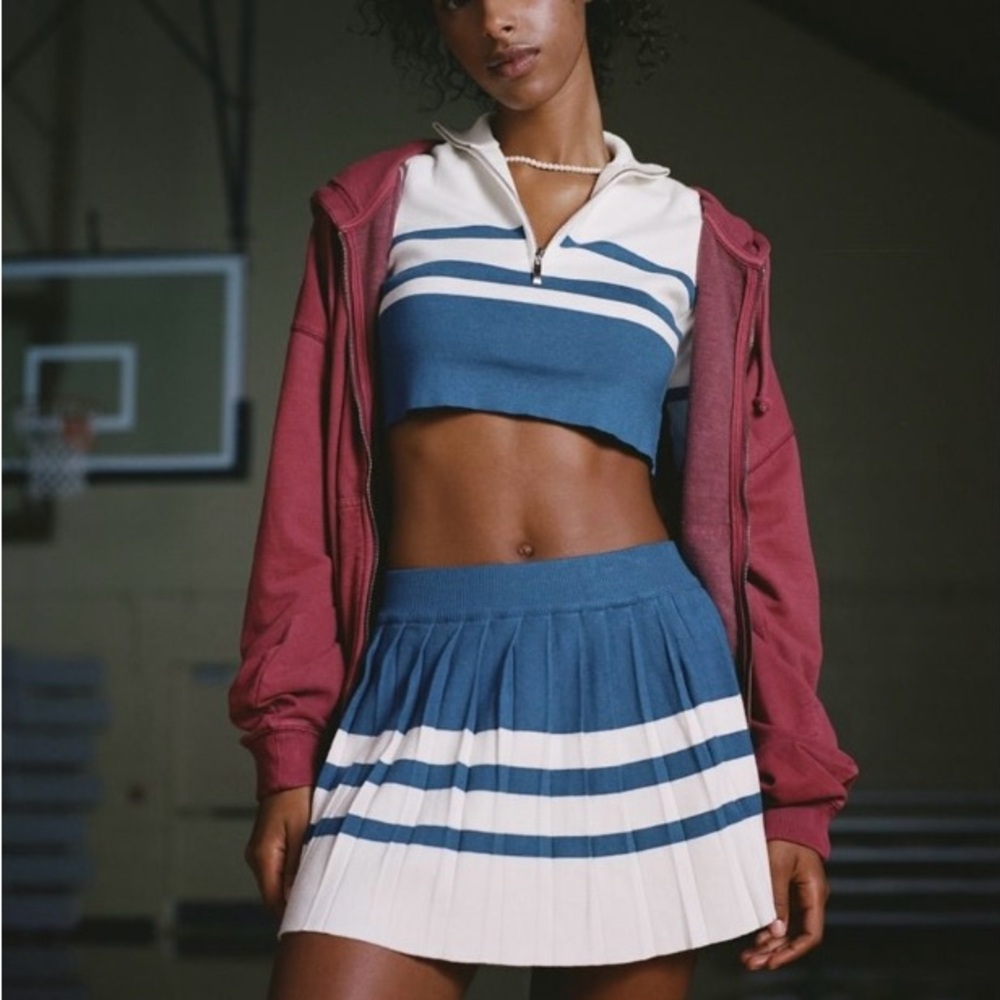 Varsity-inspired top and mini skirt set from UO. Top is slim and cropped! -
